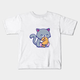 Cute Cat Eating Fish Kids T-Shirt